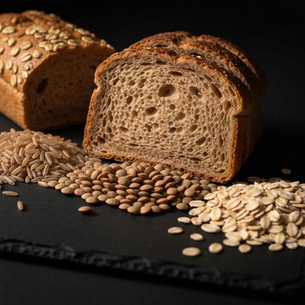 Whole grain bread, dried lentils, brown rice and oats on a dark slate surface