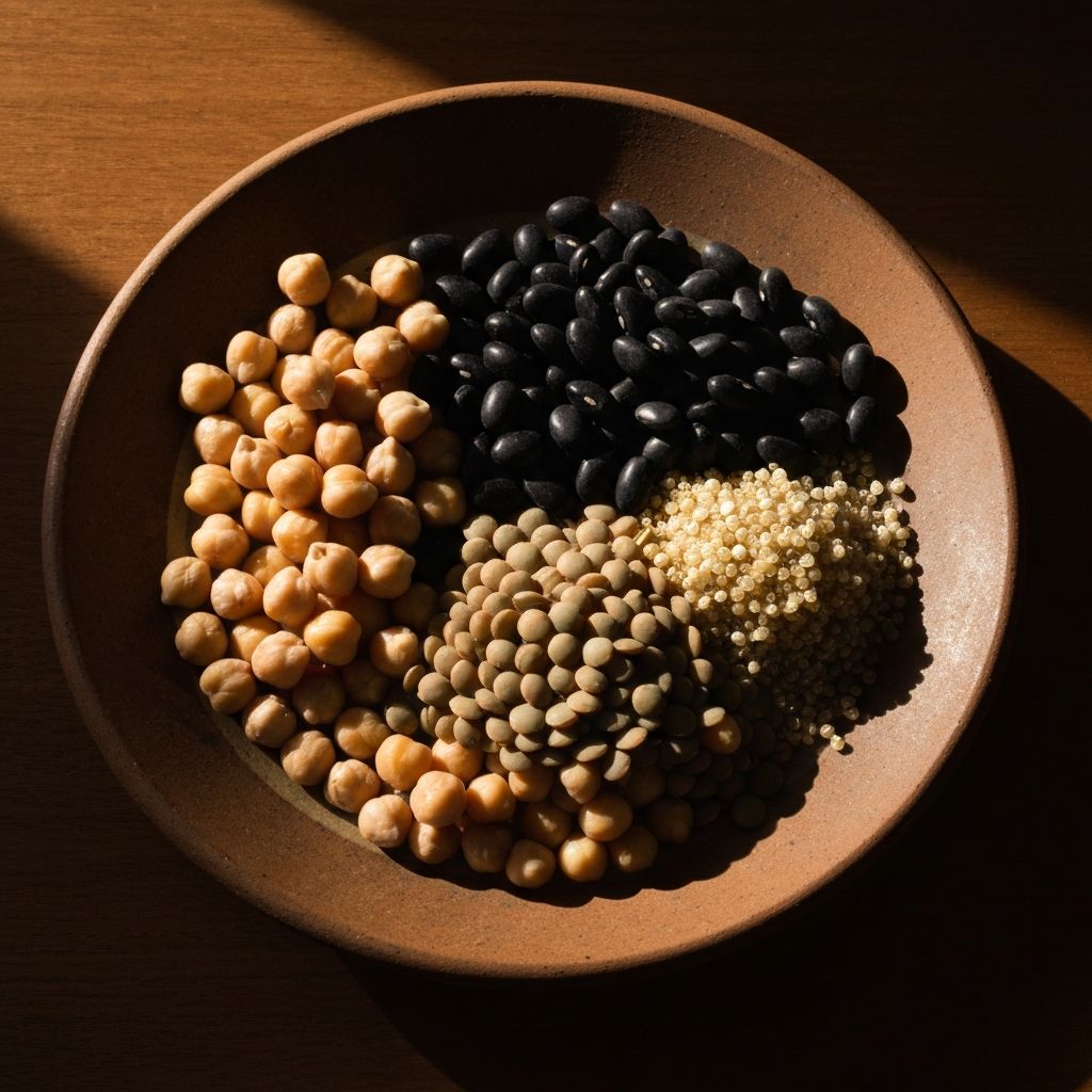 Chickpeas, black beans, lentils and quinoa arranged on a rustic ceramic plate
